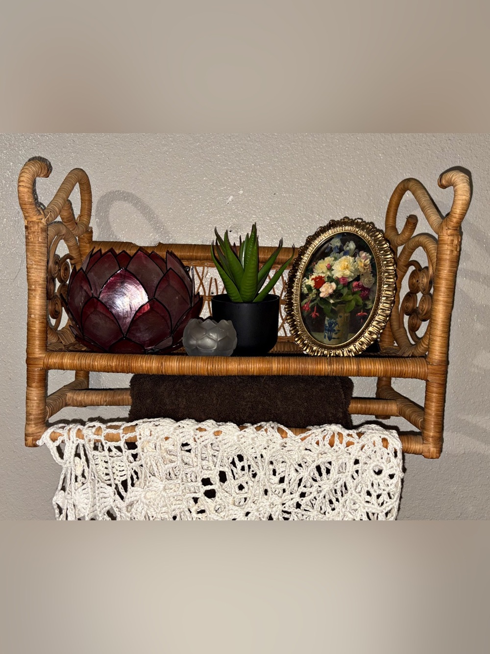 Vintage Boho Wicker Rattan Wall Shelf with Towel Bar & Scroll Sides